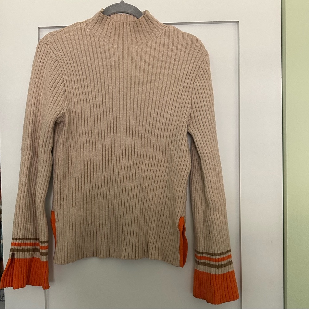 By Anthropologie Mockneck Ribbed Tan and Orange Sweater - Large